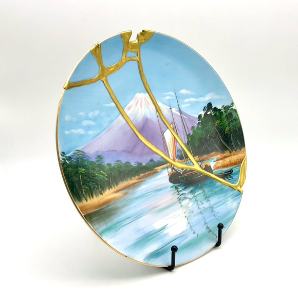 Kintsugi Plate Japanese Hand Painted Landscape Sailboat Gold Crack Growth Gift - Picture 5 of 12